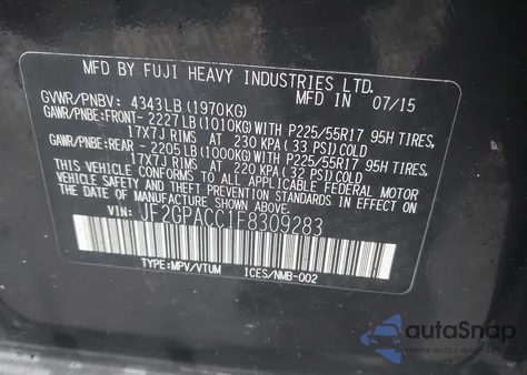 2015 Subaru Xv Crosstrek 2.0I Premium from USA, damaged, VIN JF2GPACC1F8309283